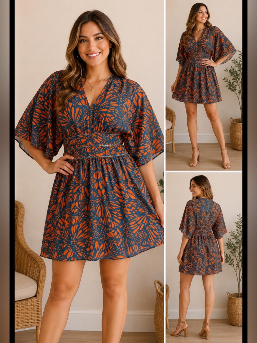 Maya Matazaro Butterfly Print Kimono Sleeve Dress